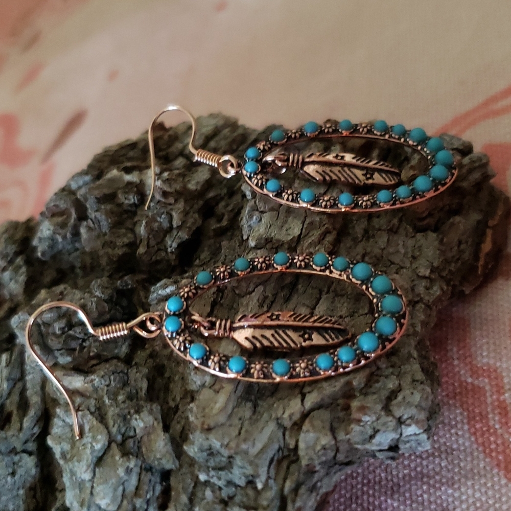 Feather Hoop Earrings. Oval Flower Floral Copper Color Boho Cowgirl Western - Picture 5 of 9